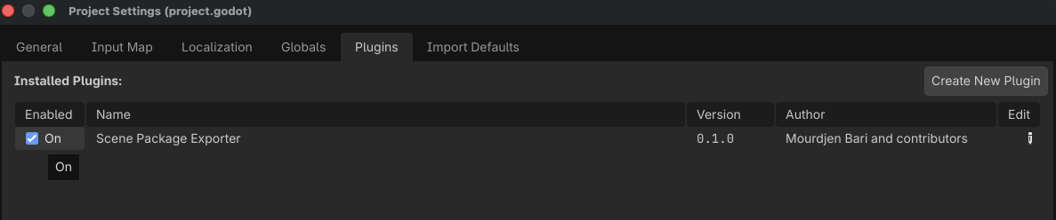 Onglet Plugins de Project Settings avec la case Enable cochée pour Scene Exporter