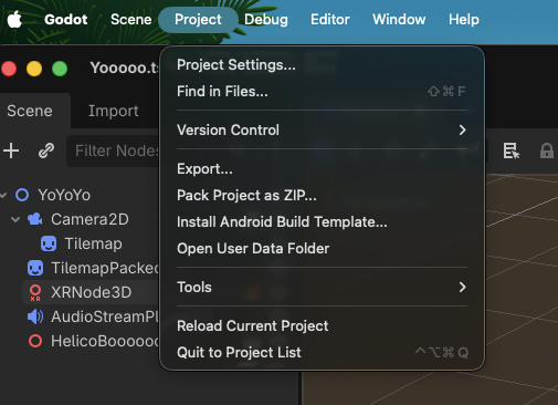 Menu Project de Godot avec l'entrée Project Settings surlignée