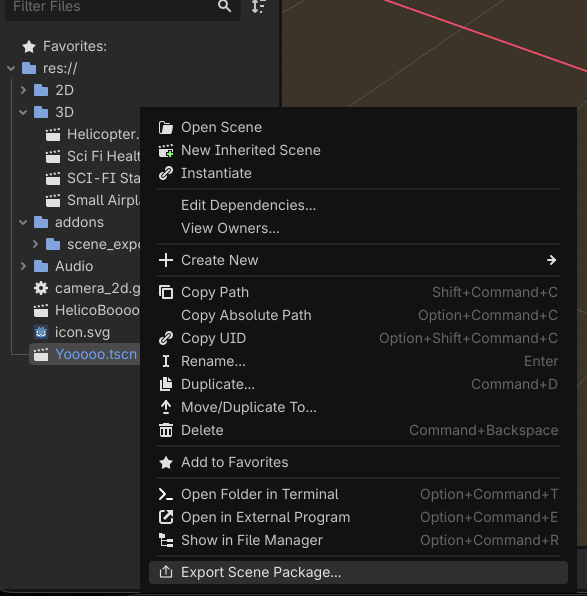 Menu contextuel Godot avec l'option Export Scene Package