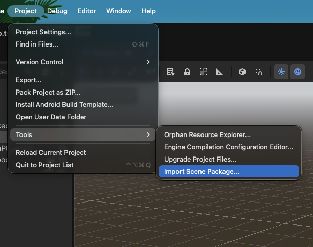 Menu Project → Tools → Import Scene Package dans Godot